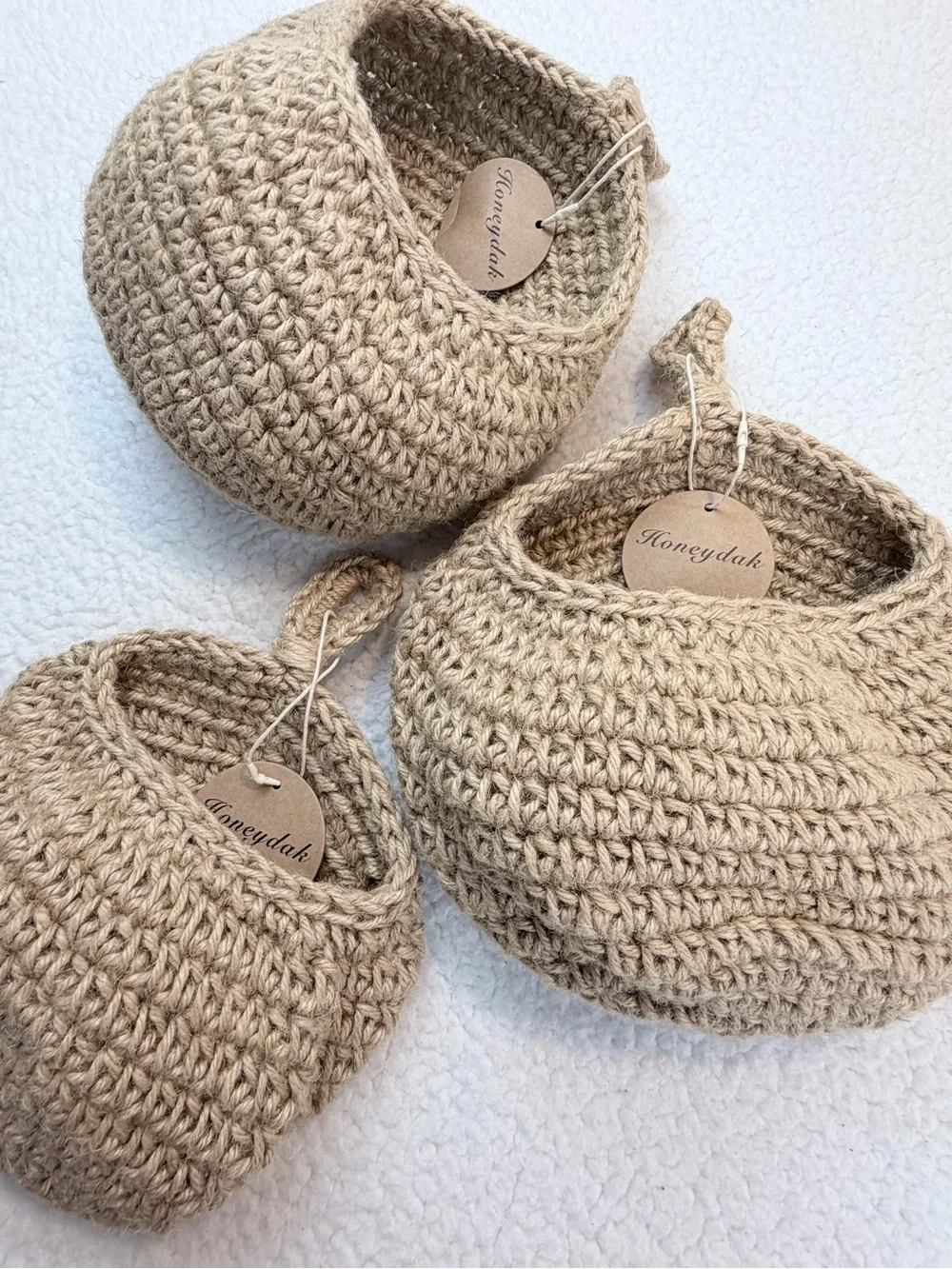 (NWT) HONEYDAK • (Set of 3) Tan Natural Woven/Crochet Hanging Storage Baskets